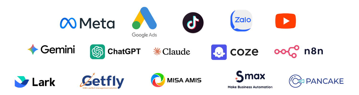 Meta, Google Ads, TikTok, Zalo, YouTube, Gemini, ChatGPT, Claude, Coze, n8n, Lark, Getfly, MISA AMIS, Smax, Pancake